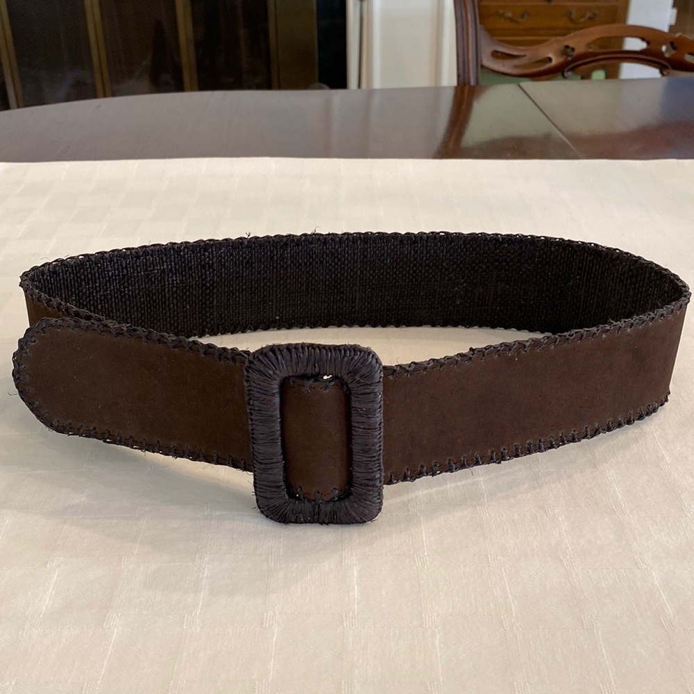 Worth Vintage Brown Reversible Raffia Straw Tweed Suede Statement Belt Small